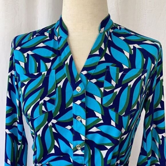 Donna Morgan Collared Shirt Dress Geometric Women’s 4 Tie Waist - Picture 7 of 10